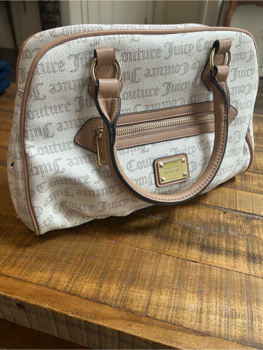 Juicy Couture Beige Logo Satchel with Gold Hardware and Adjustable Strap